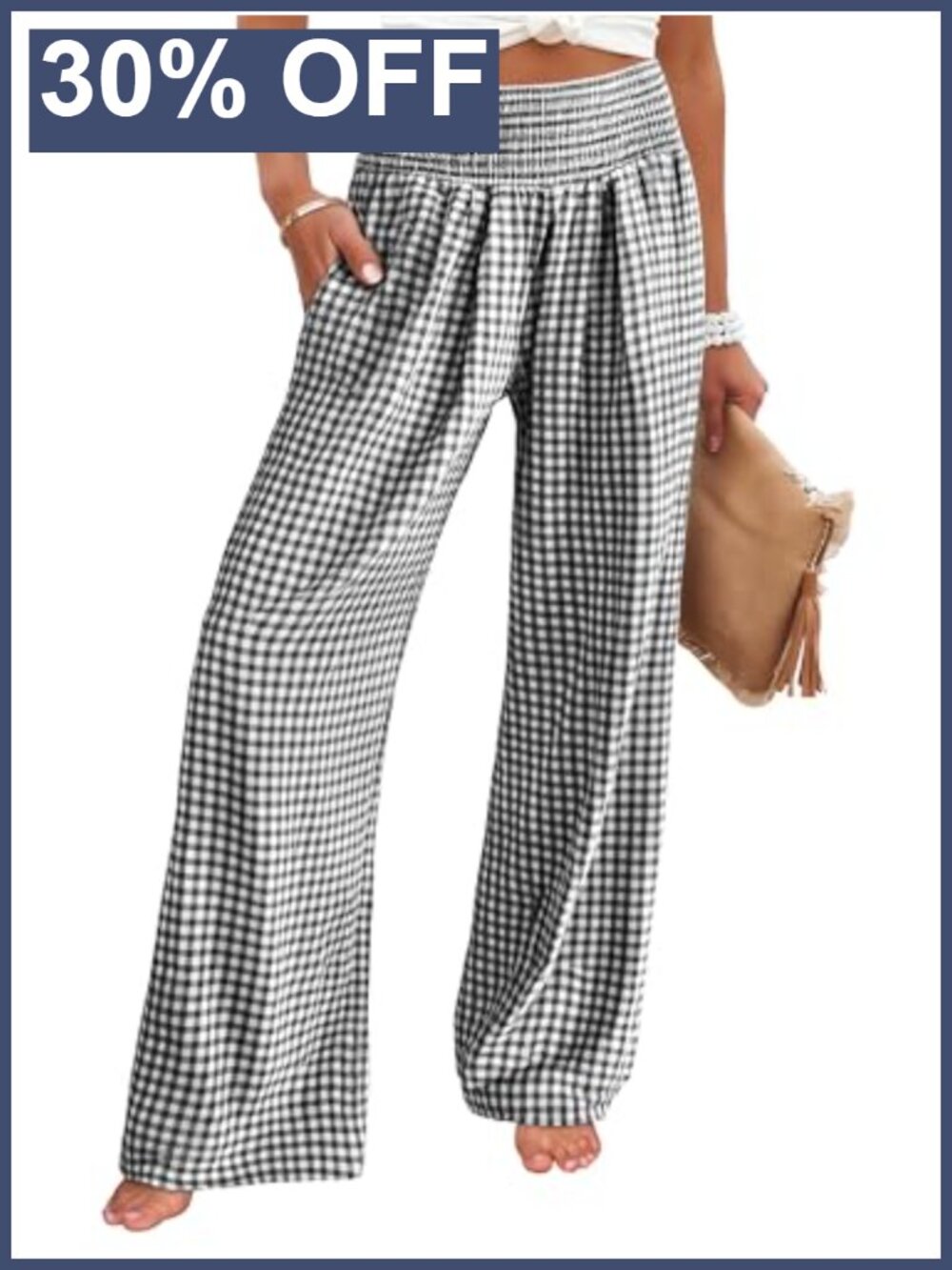 Womens Wide Leg Palazzo Pants Smocked Waist 100% Rayon Plaid Casual